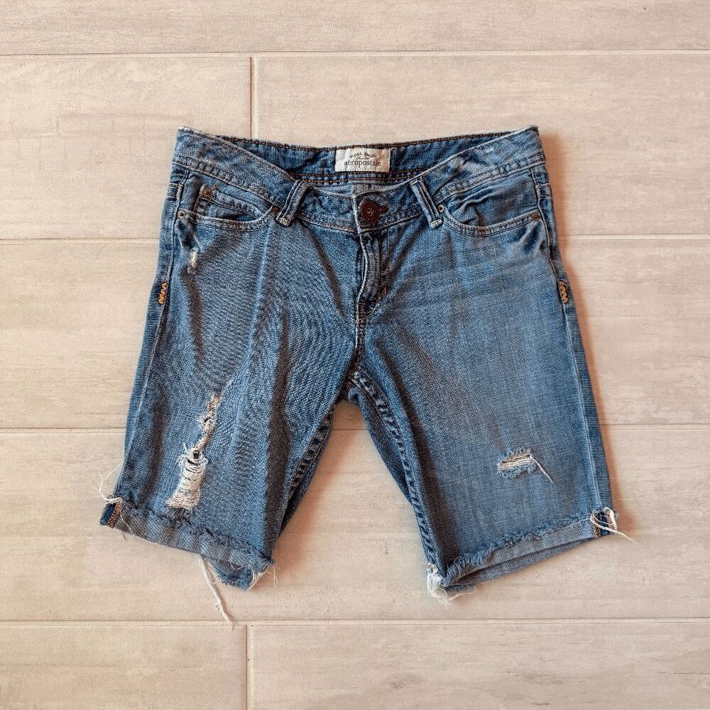 Aeropostale Original Size 5/6 Long Shorts Blue Denim Distressed Pockets Button